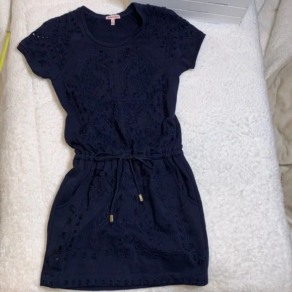 Juicy Couture waist tie navy blue embroidered romper jumpsuit dress size XS - Picture 8 of 12